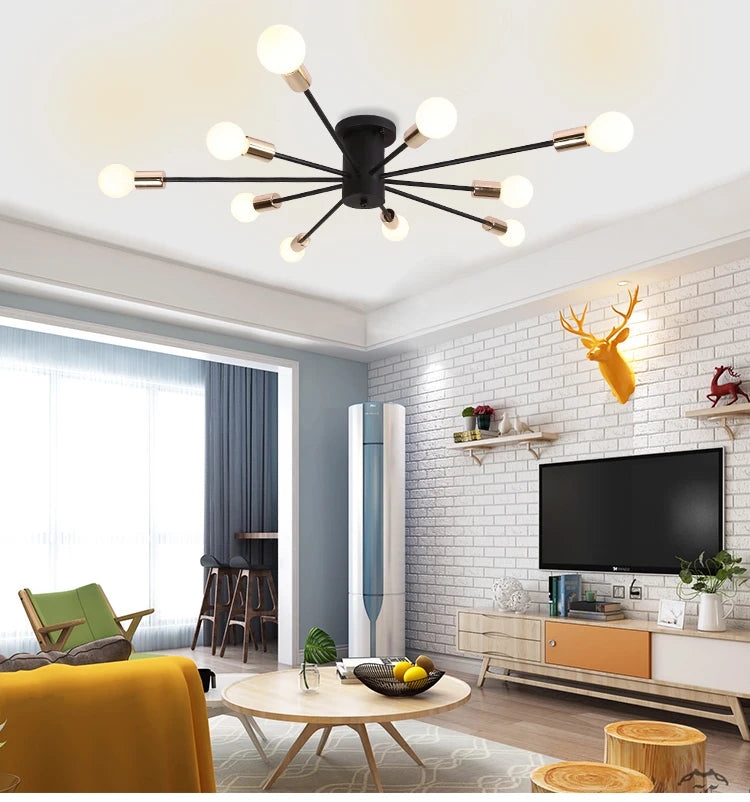 Retro Iron Ceiling Lights Black/White 6/8/10 Sockets Lamp Vintage Spider Chandelier Lighting Fixture for Living Room