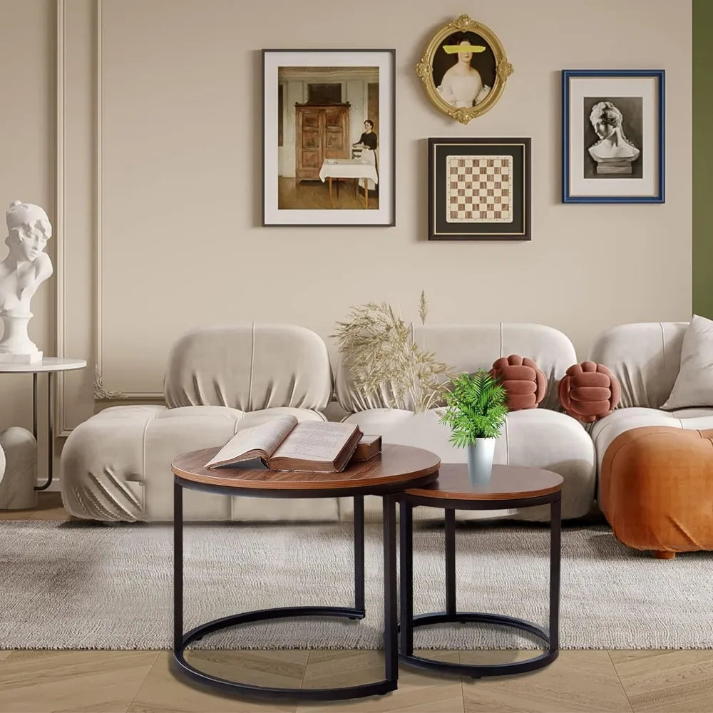Coffee Table Nesting Set of 2 Round End Table Accent Side Stacking Tables with Sturdy Metal Frame,Modern Living Room Table