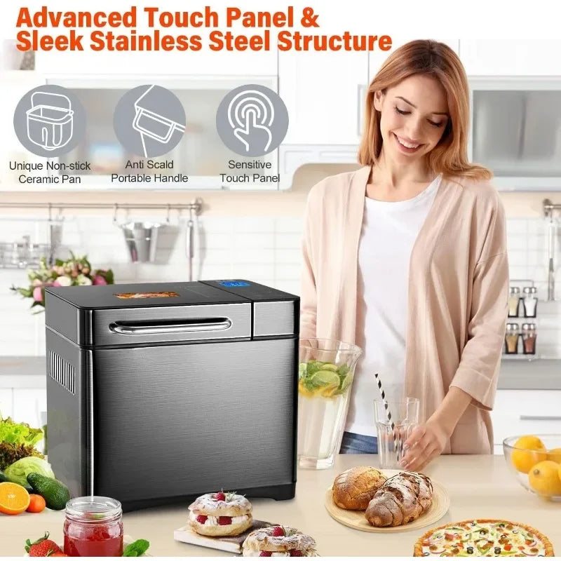 KBS Bread Maker-710W Dual Heaters, 17-in-1 Bread Machine Stainless Steel with Auto Nut Dispenser&Ceramic Pan, Gluten-Free