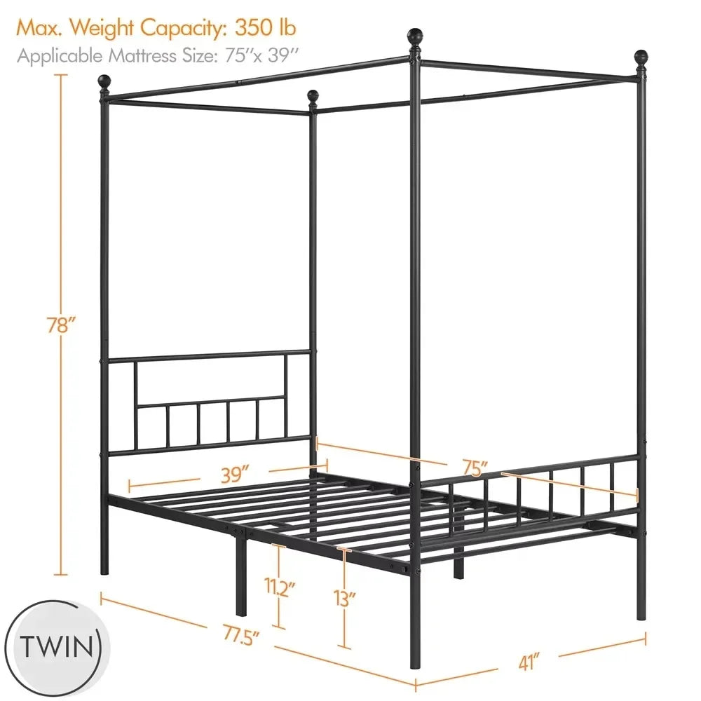 Juno Metal Canopy Frame Four Poster Bed with Headboard and Footboard, Black, Twin