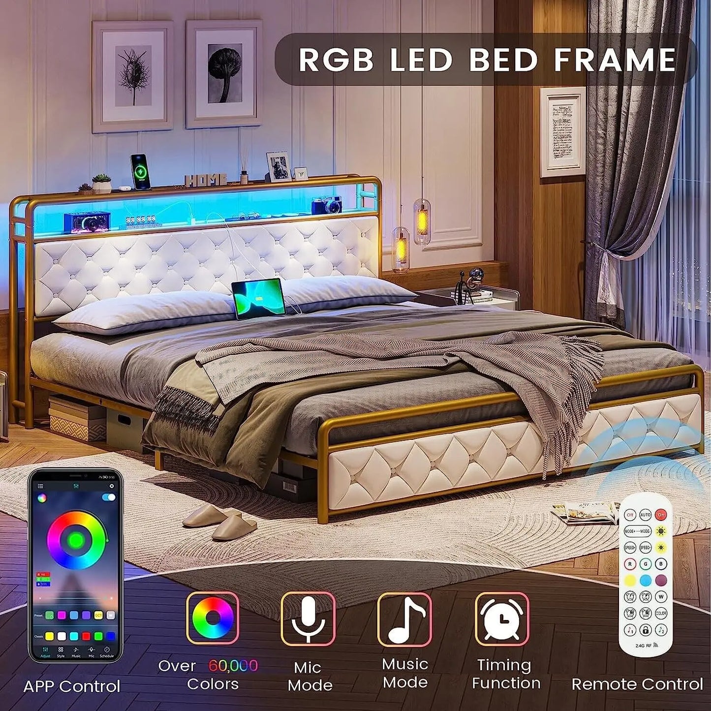 King/Queen Size LED Bed Frame with Storage Headboard with USB and Shelf,Modern style Upholstered Platform Bed Frame,for bedroom