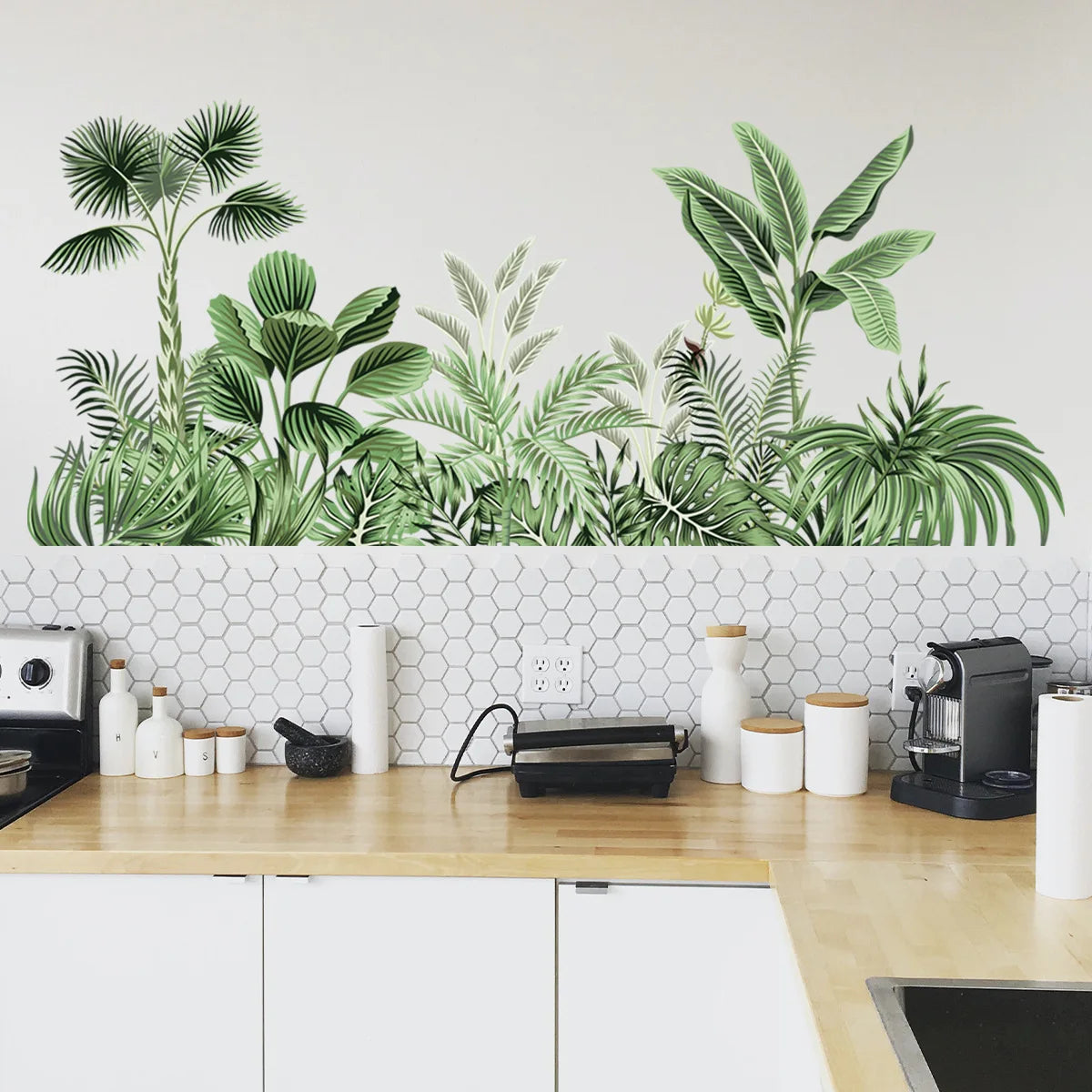 Tropical Wall Decals Palm Leaf Wall Stickers for Living Room, Green Plants Wall Decor Posters Vinyl Peel and Stick Art Murals