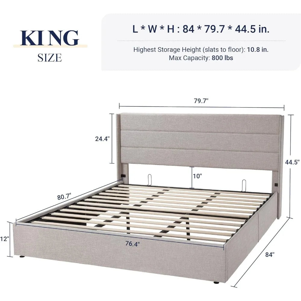 Allewie King Size Lift Up Storage Bed, Modern Wingback Headboard, No Box Spring Needed, Hydraulic Storage, Light Beige