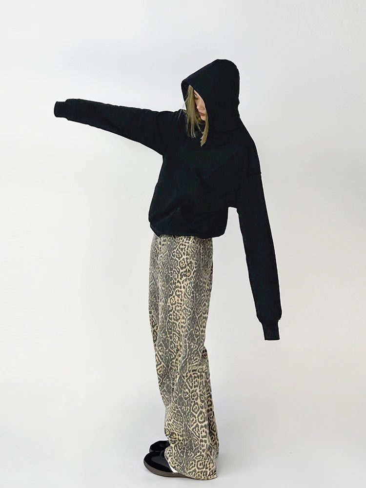 JRJL Baggy Retro Leopard Print Jeans for Women Y2k Street American Wide Leg Korean Style Wash Denim Pants High Waist Jeans