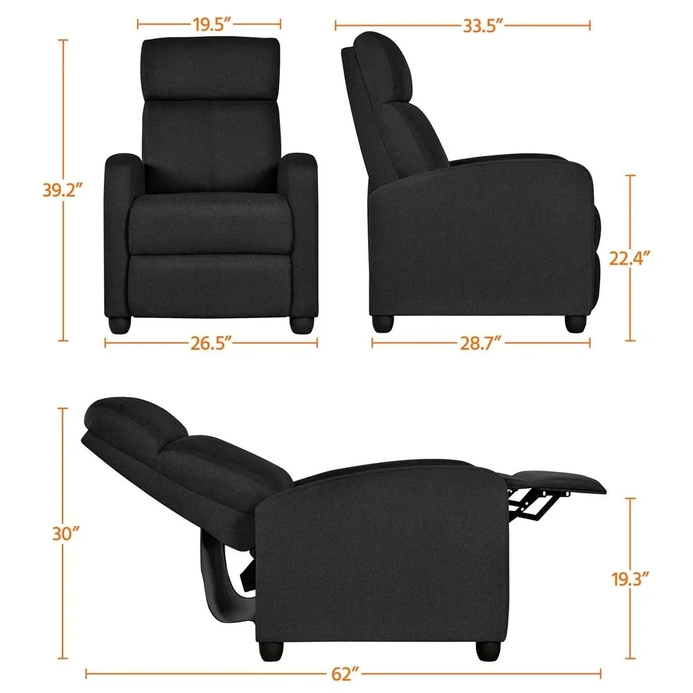 Fabric Push Back Theater Recliner Chair with Footrest, Black