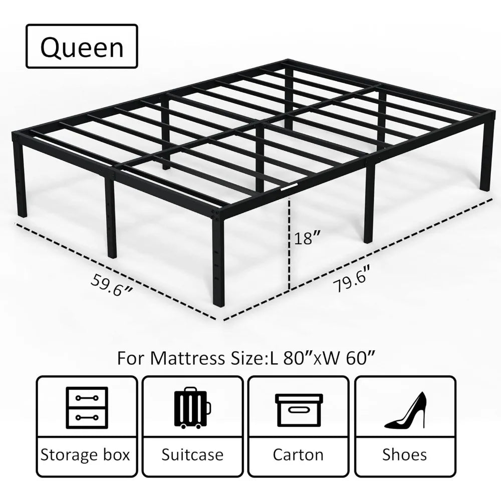 Queen Bed Frame No Box Spring Needed 18 Inch Heavy Duty Metal Tall Platform Frame Size with Large Storage Space,Black Beds