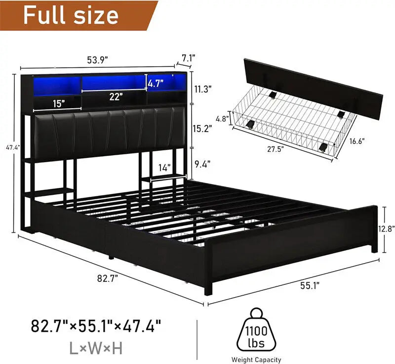 Queen/Full Size Bed Frame Platform Bed, adult and adolescent double beds with LED lights and drawers, single beds, modern beds