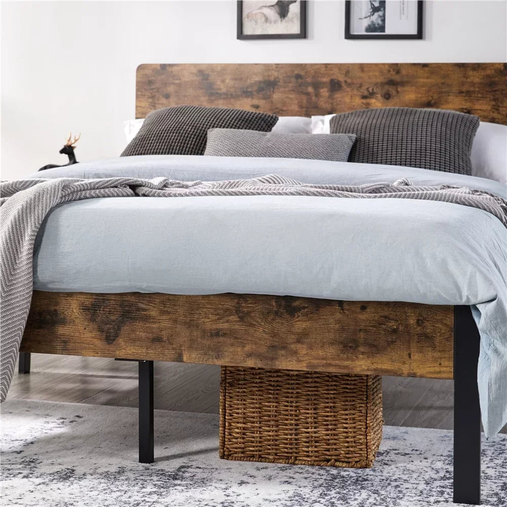 Metal Bed Frame with Wooden Headboard, Rustic Brown, Queen with Wooden Rivet Headboard Footboard Strong Metal Slats Support