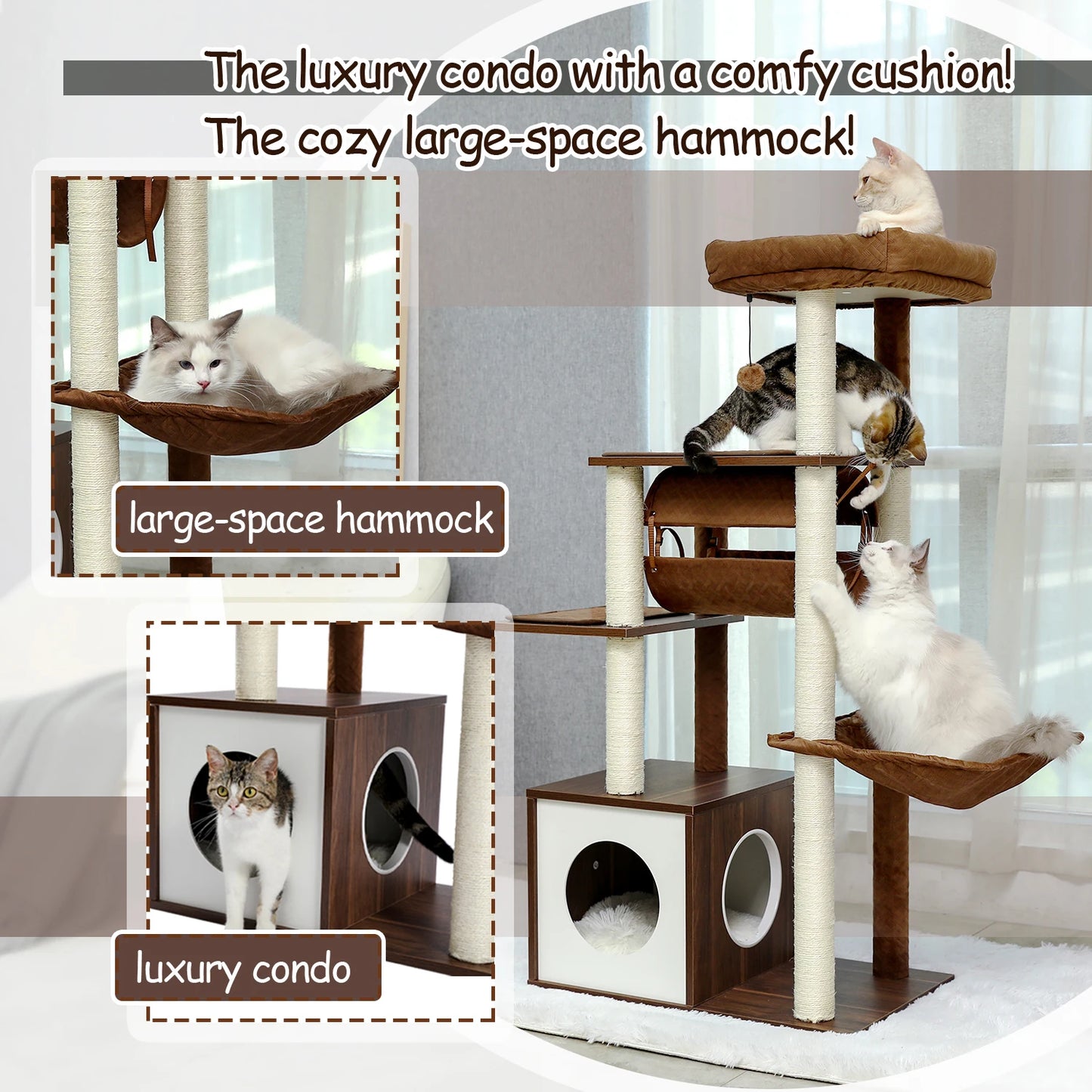 Height 130.5CM Cat Tree Condo Multi-Level Platform Tower Sisal Scratching Post for Kitten Cat Climber Perches Tunnel Hummock Bed