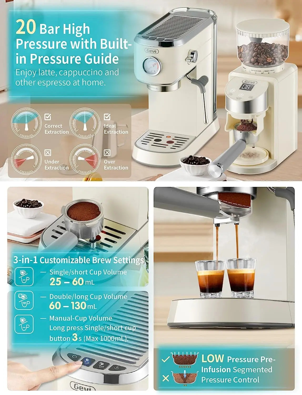 Gevi 20 Bar Professional Espresso Machine with 35 Precise Grind Settings Combo