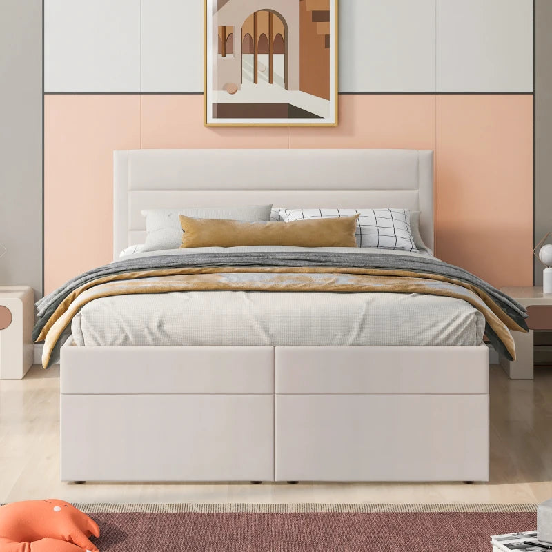 Beige Queen Size Upholstered Platform Bed with Storage Underneath, Easy to assemble for indoor bedroom furniture