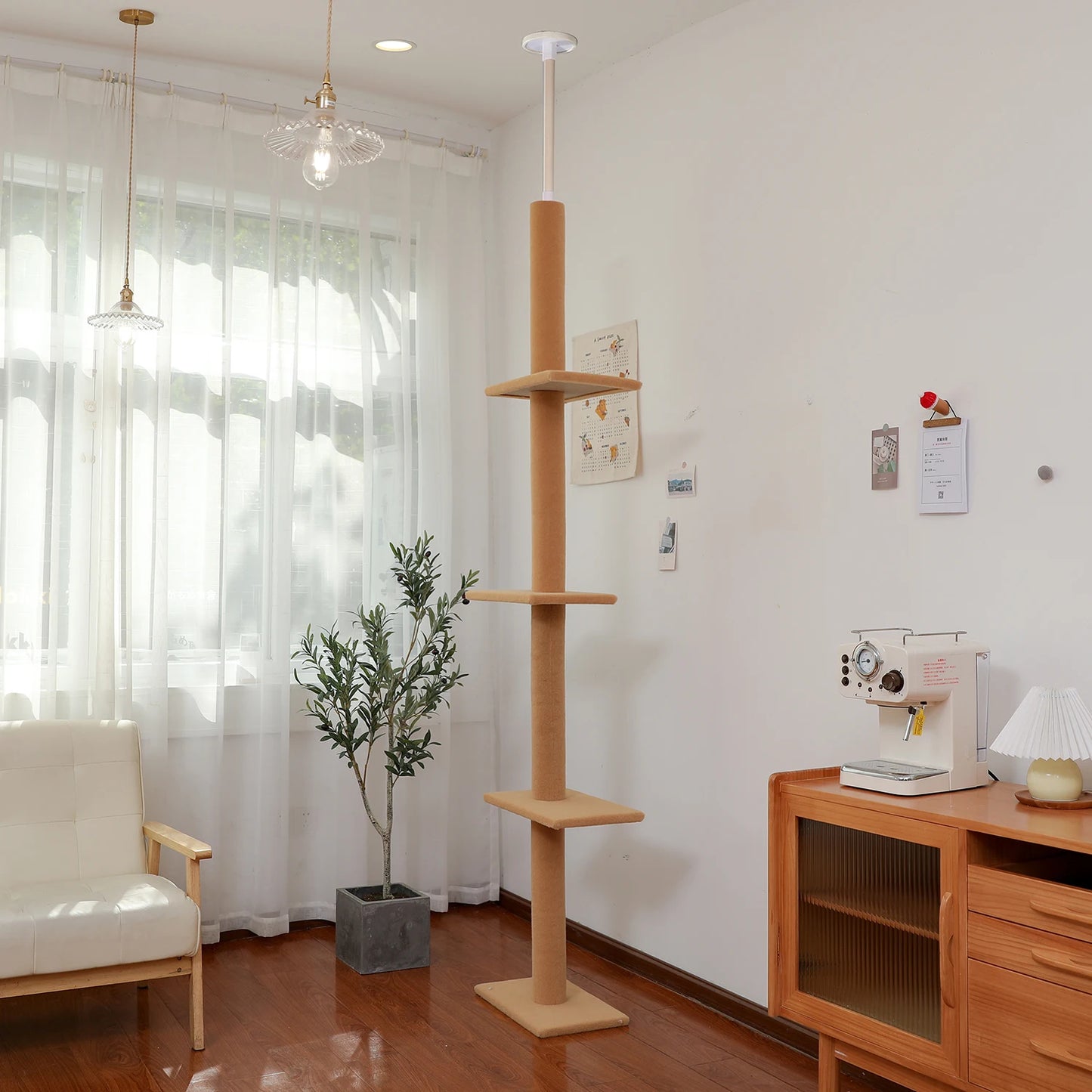 H228-274CM Floor to Ceiling Cat Tree Large Condo 5Level Tower Adjustable Stable Climbing Tree with Scratching Post Dangling Ball