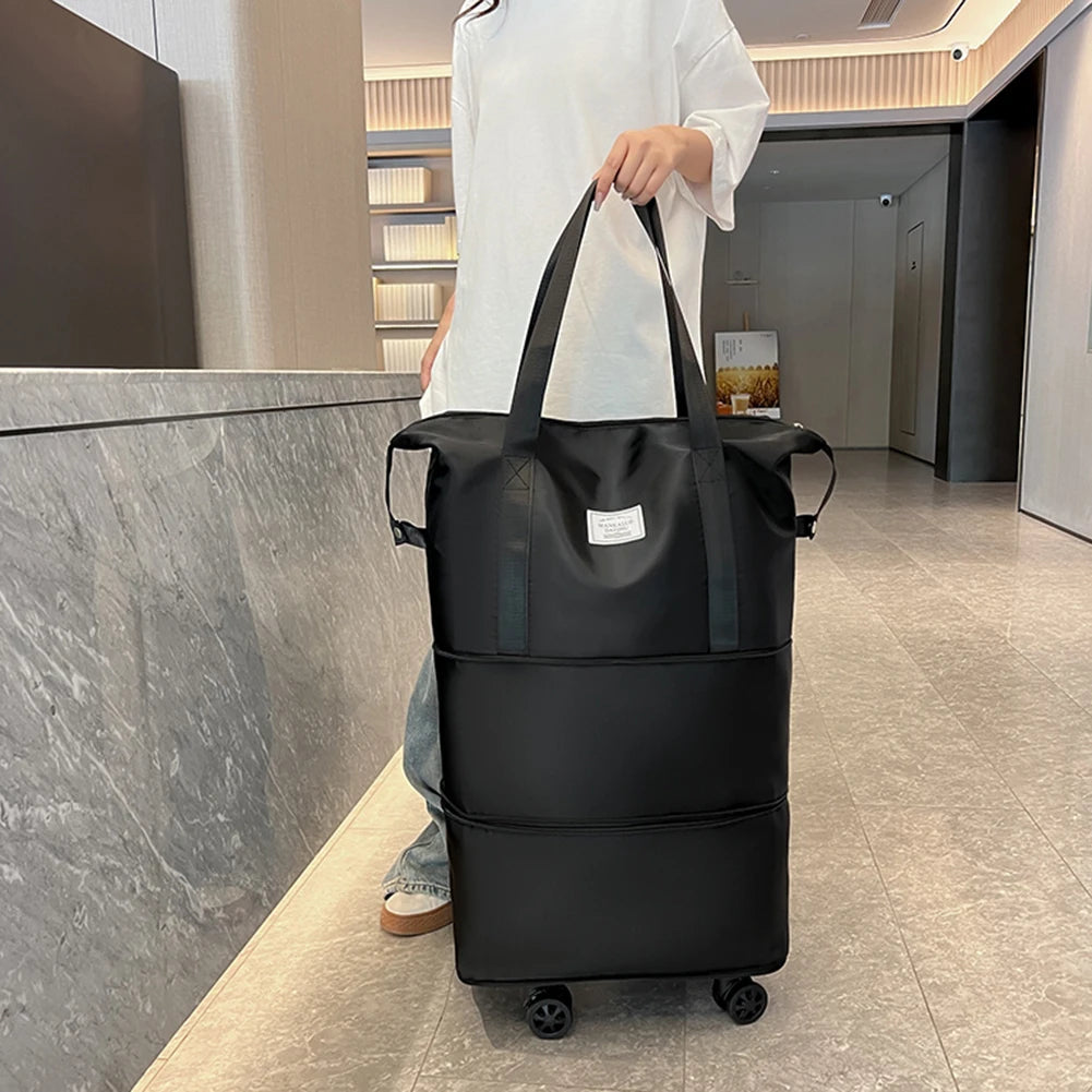 Folding Luggage Bags Expandable Rolling Duffle Pack with Wheel Large Capacity Oxford Clot Dry-Wet Separation Outdoor Travel Bag