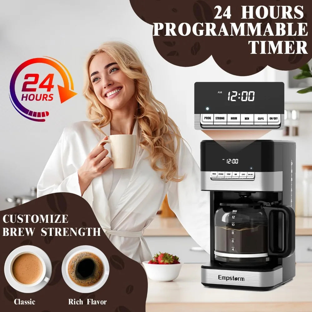 12 Cup Programmable Drip Coffee Maker - 1000W Fast Brew Coffee Machine with Glass Carafe, Auto Shut Off & 4-Hour Keep Warm