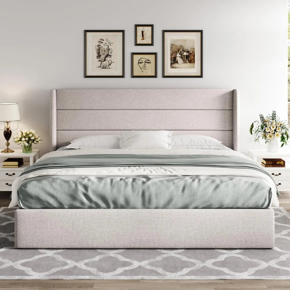 Allewie King Size Lift Up Storage Bed, Modern Wingback Headboard, No Box Spring Needed, Hydraulic Storage, Light Beige