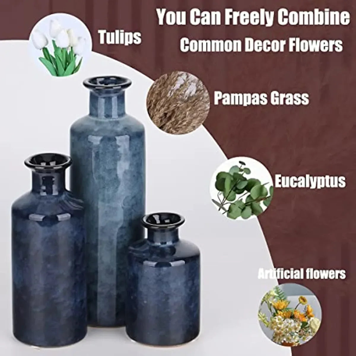 Blue Ceramic Vases Set 3 Blue Small Vase Farmhouse Country Blue Vases Home Decor Living Room Decoration Table Decoration Modern
