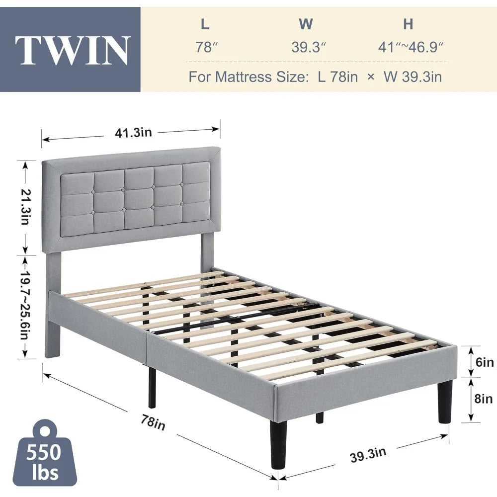 Bed Frame with Adjustable Headboard, Upholstered Button Tufted Platform Bedframe with Wood Slats Support, No Box Spring Needed