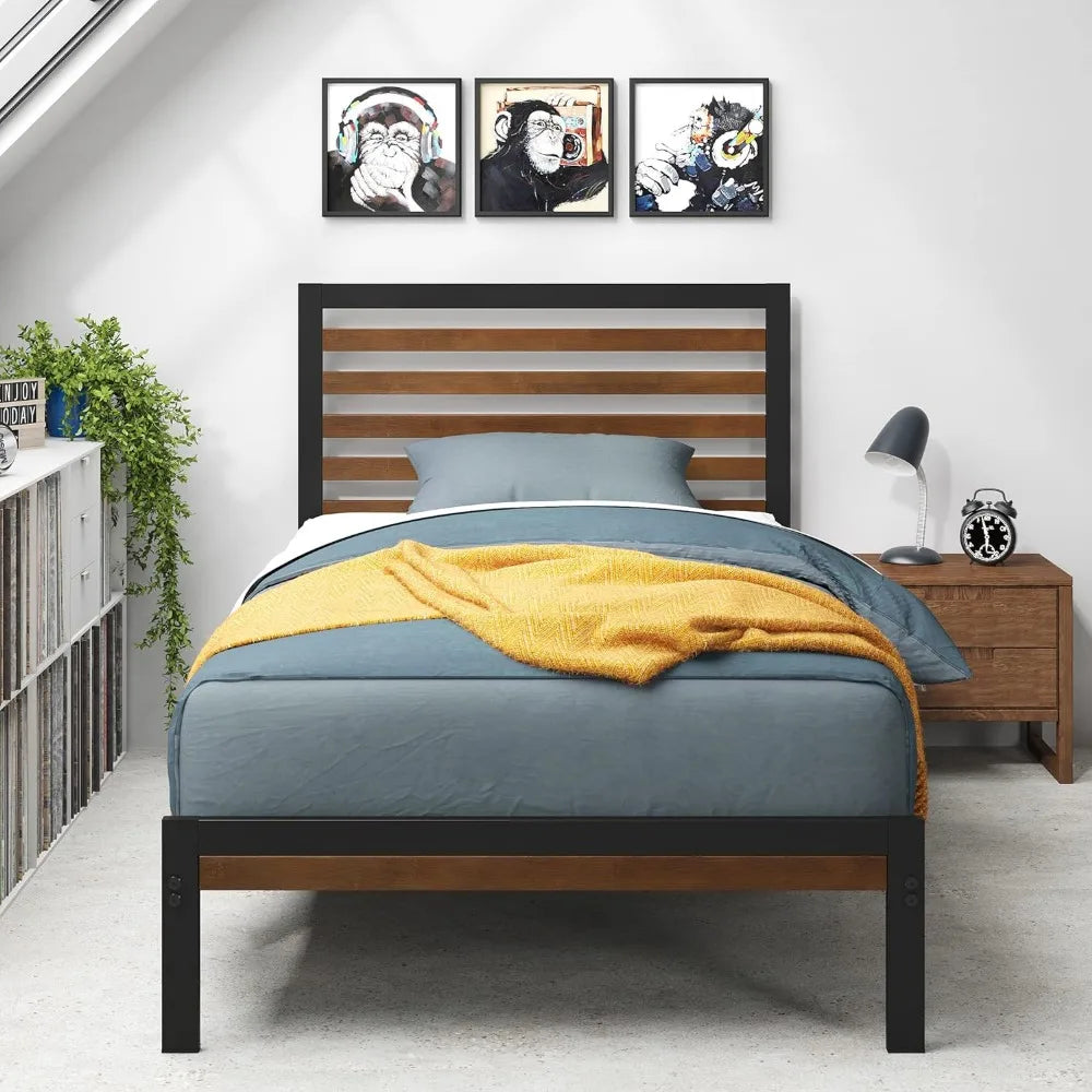 Bamboo and Metal Platform Bed Frame with Headboard / No Box Spring Needed / Easy Assembly, Twin Beds