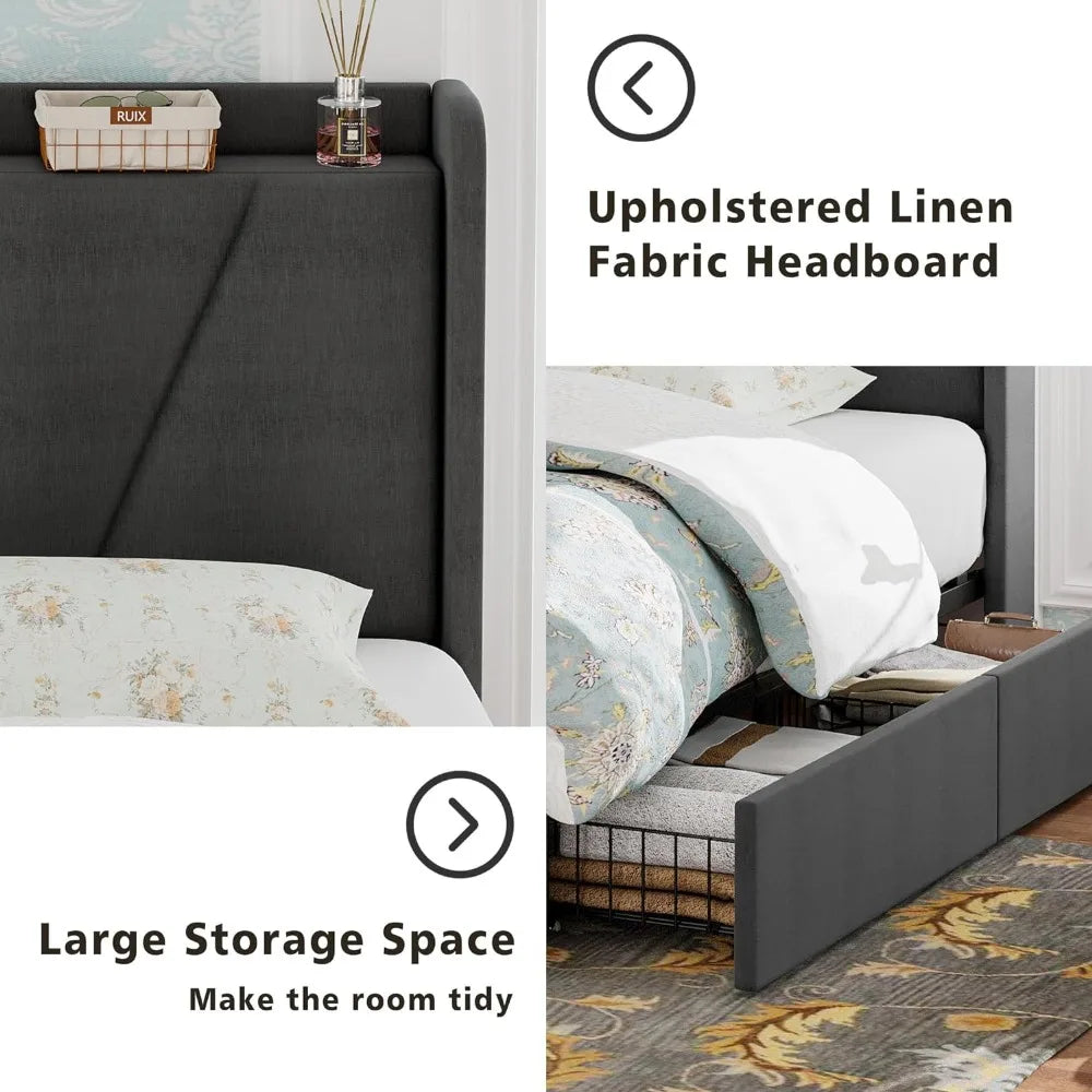 King Size Bed Frame and Upholstered Headboard, Sturdy, Noiseless, Easy Assembly, Platform Bed with Storage Drawers and Outlets