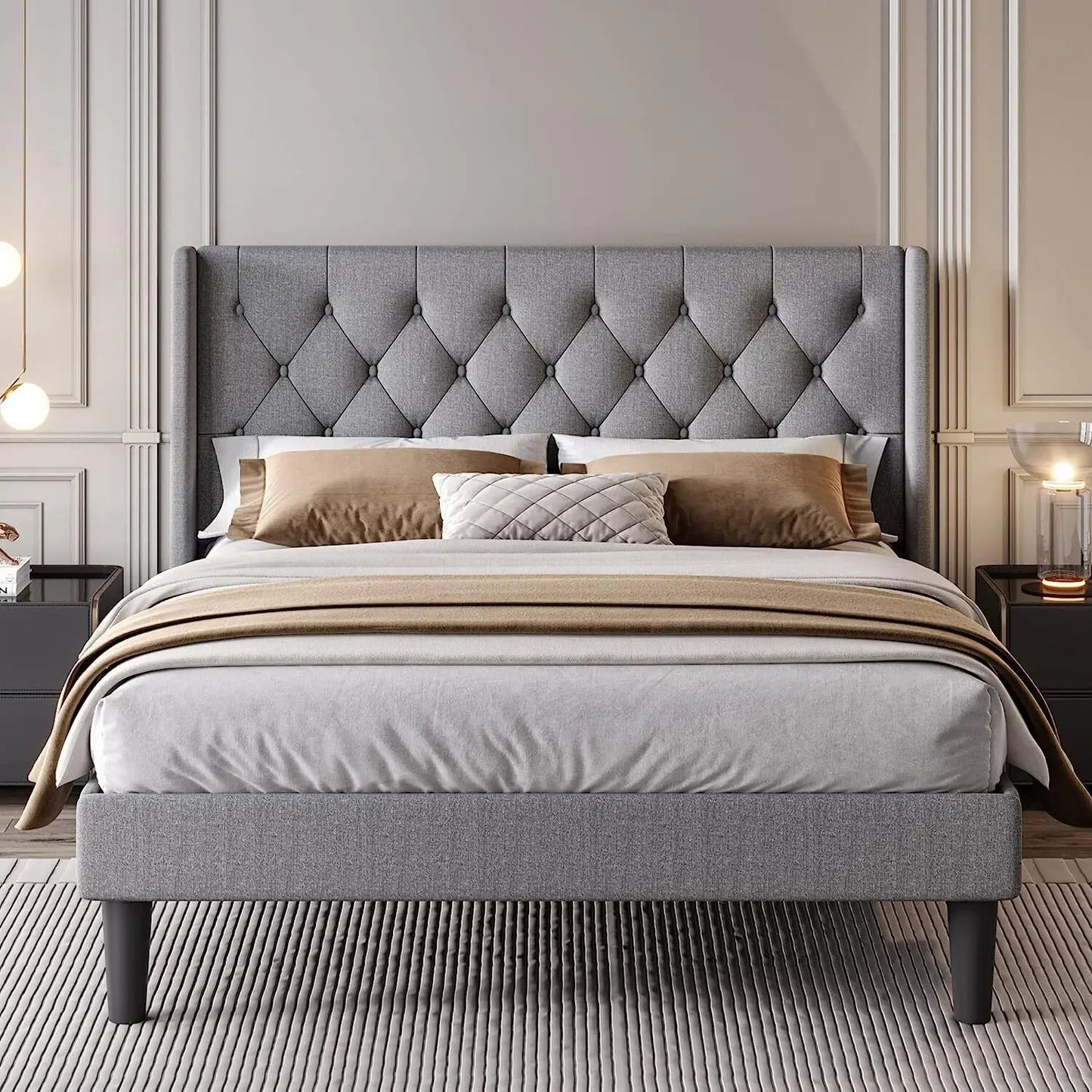 King/Queen/Full Size Platform Bed Frame with Upholstered Headboard & Comfortable Wingback,Modern Bed for Adults youth bedroom