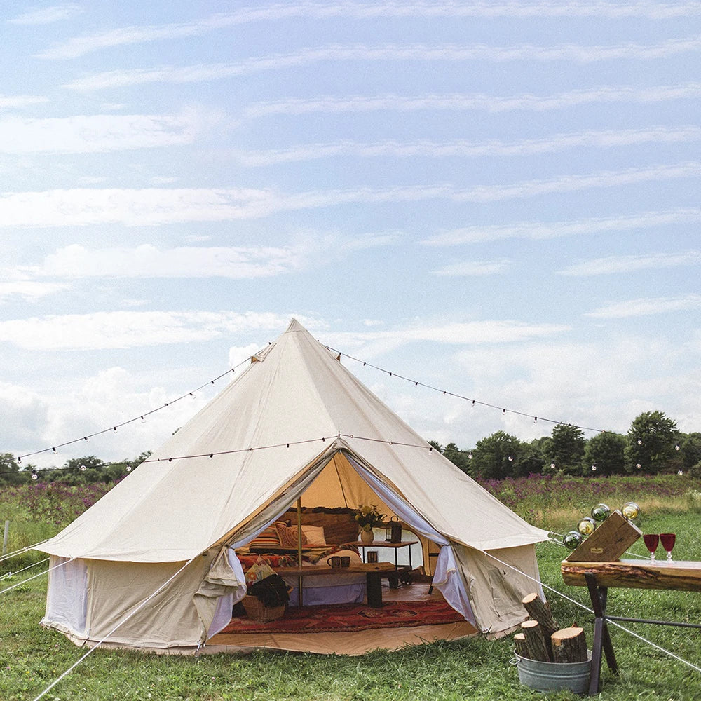 Round shape outdoor camping cotton bell tent 4 season luxury canvas glamping family yurt tent with air vent
