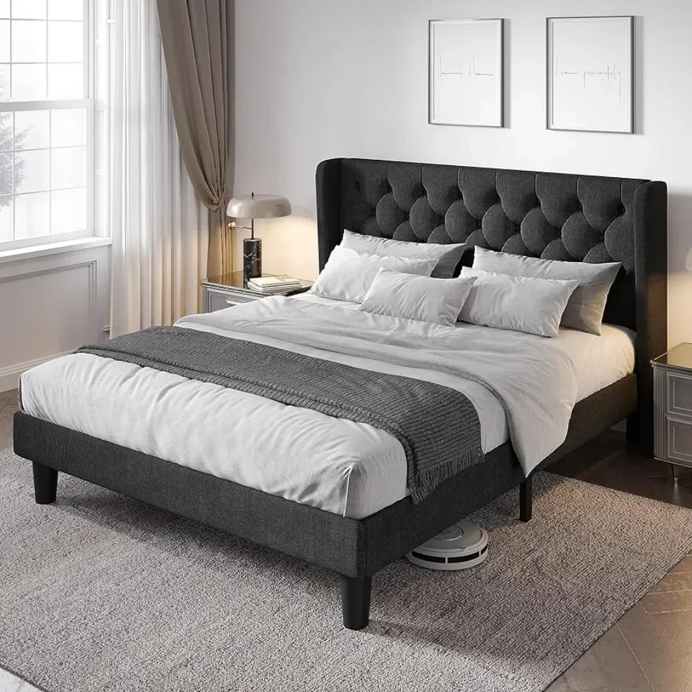 Bed FrameFull-size Bed Frame with button-tufted wing-back headboard with solid wood slatted support, modern upholstered bed fram