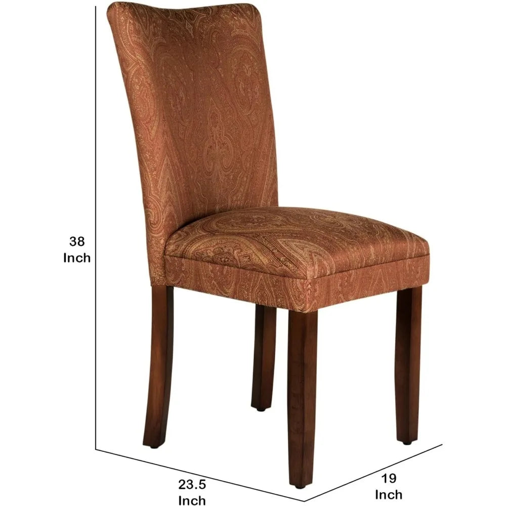 Classic Upholstered Parsons Dining Chair | light cherry finish with wood legs,Single Accent Dining Chair, Red & Gold Damask