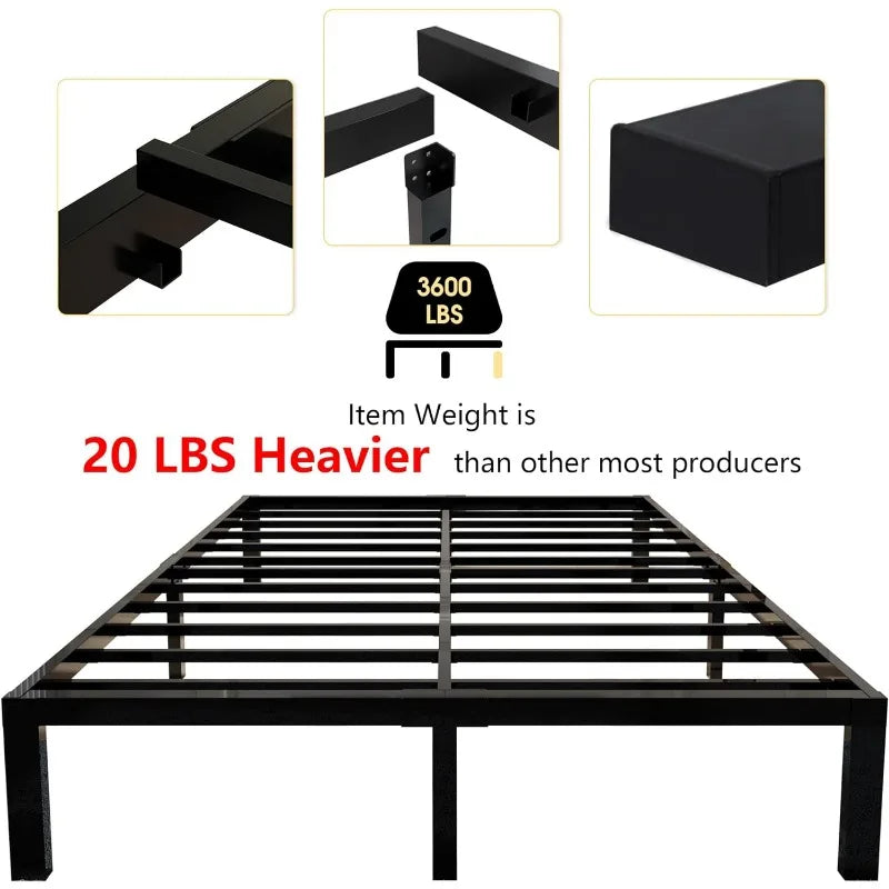 45MinST 3600lbs Heavy Duty Bed Frame,14 Inch Sturdy Steel Slat Mattress Foundation, Metal Reinforced Plat
