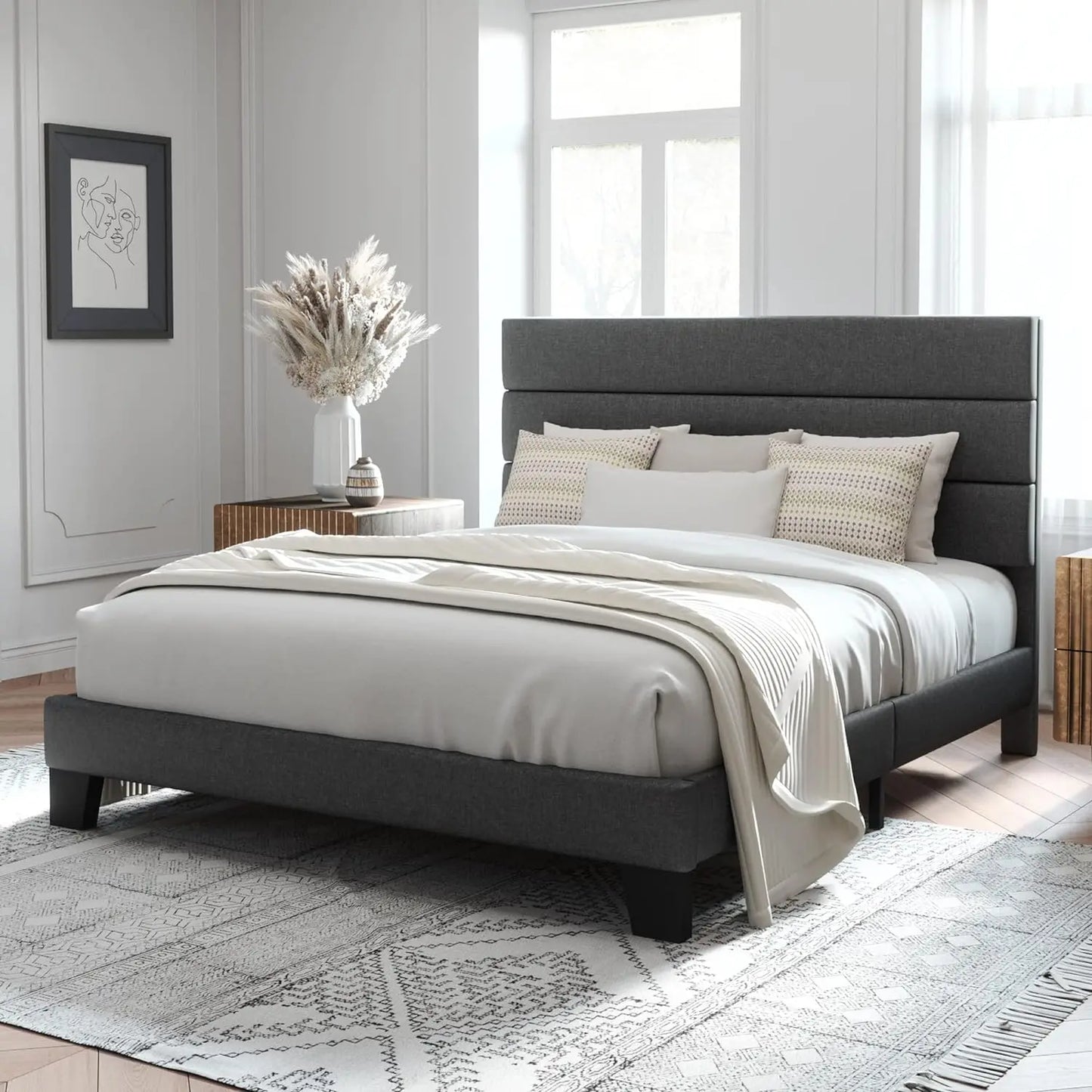 Full/Queen/King Size Platform Bed Frame with Fabric Upholstered Headboard, Wooden Slats Support, Upholstered Mattress Foundation