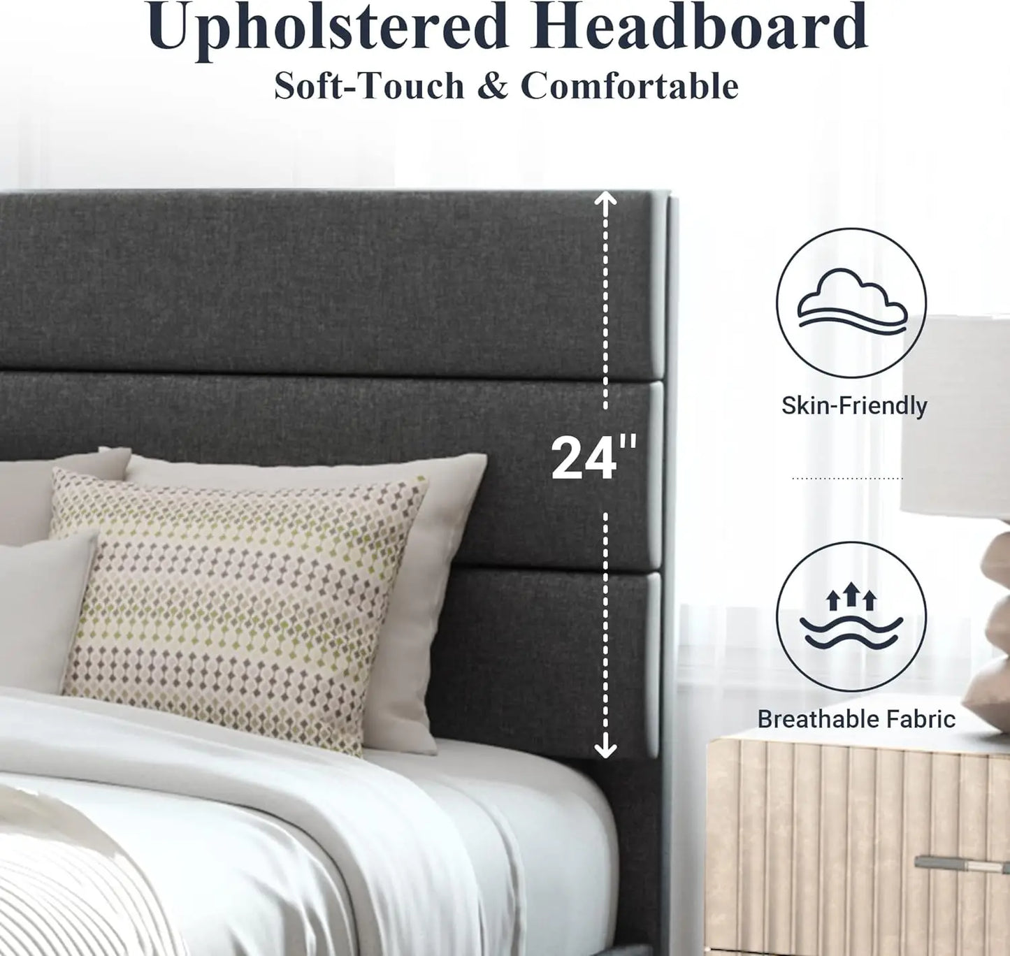 Full/Queen/King Size Platform Bed Frame with Fabric Upholstered Headboard, Wooden Slats Support, Upholstered Mattress Foundation