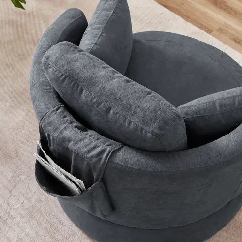 Dark Grey Swivel Accent Barrel Modern Sofa Lounge Club Round Chair Linen Fabric for Living Room Hotel with 3 Pillows and storage