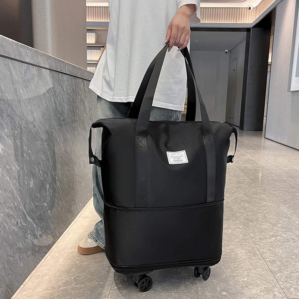 Folding Luggage Bags Expandable Rolling Duffle Pack with Wheel Large Capacity Oxford Clot Dry-Wet Separation Outdoor Travel Bag