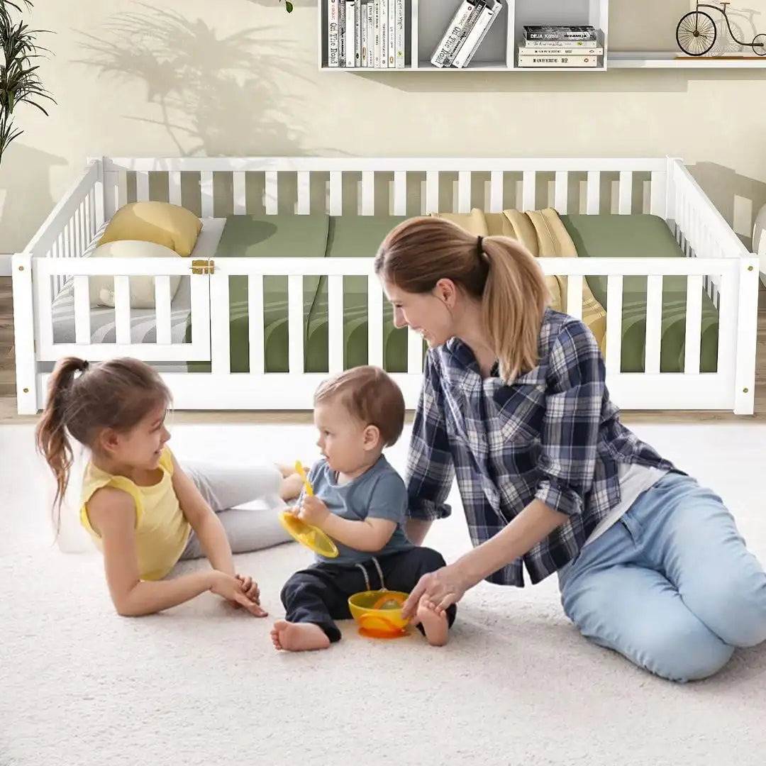 Full Floor Bed Frame for Kids, Montessori Floor Bed with Fence and Wood Slats, Low Wood Platform Beds for Girls Boys Kids, White