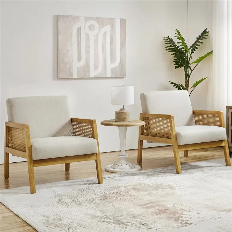 Fabric Upholstered Accent Chair with Rattan Sides for Living Rooms,Beige chairs living room single sofa chair furniture