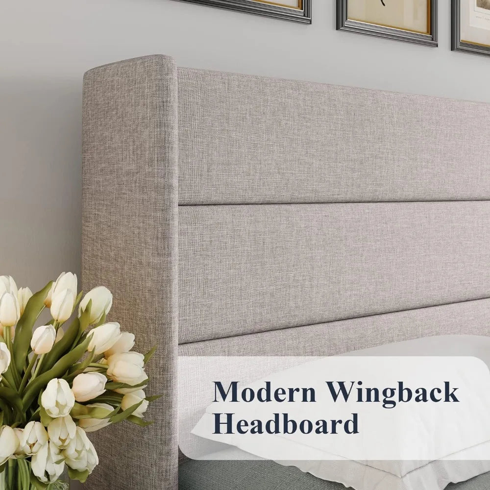 Allewie King Size Lift Up Storage Bed, Modern Wingback Headboard, No Box Spring Needed, Hydraulic Storage, Light Beige