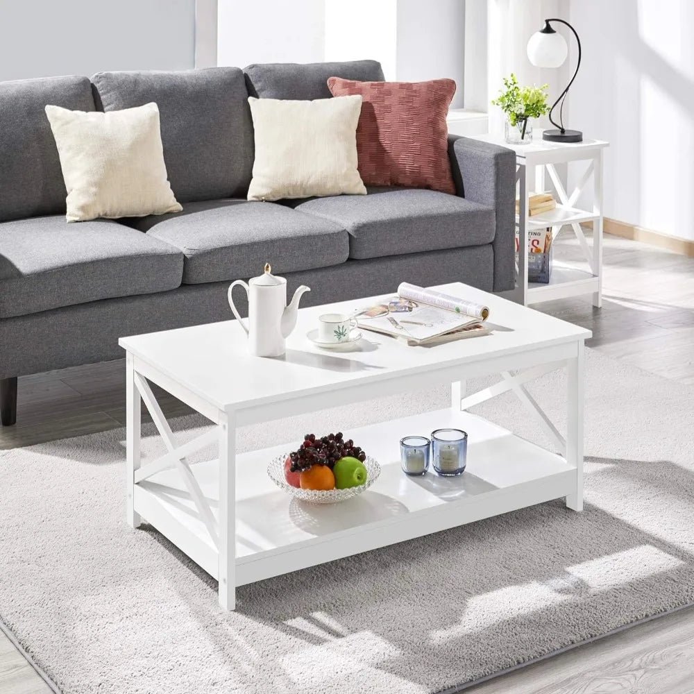 Yaheetech Wood 2-Tier White Coffee Table with Storage Shelf for Living Room, X Design Accent Cocktail Table, Simple Design