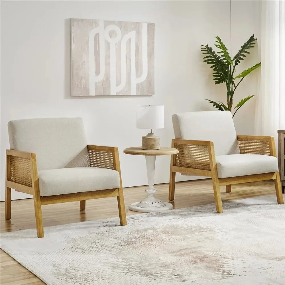 Fashion Fabric Upholstered Accent Chair with Rattan Sides for Living Rooms,Beige