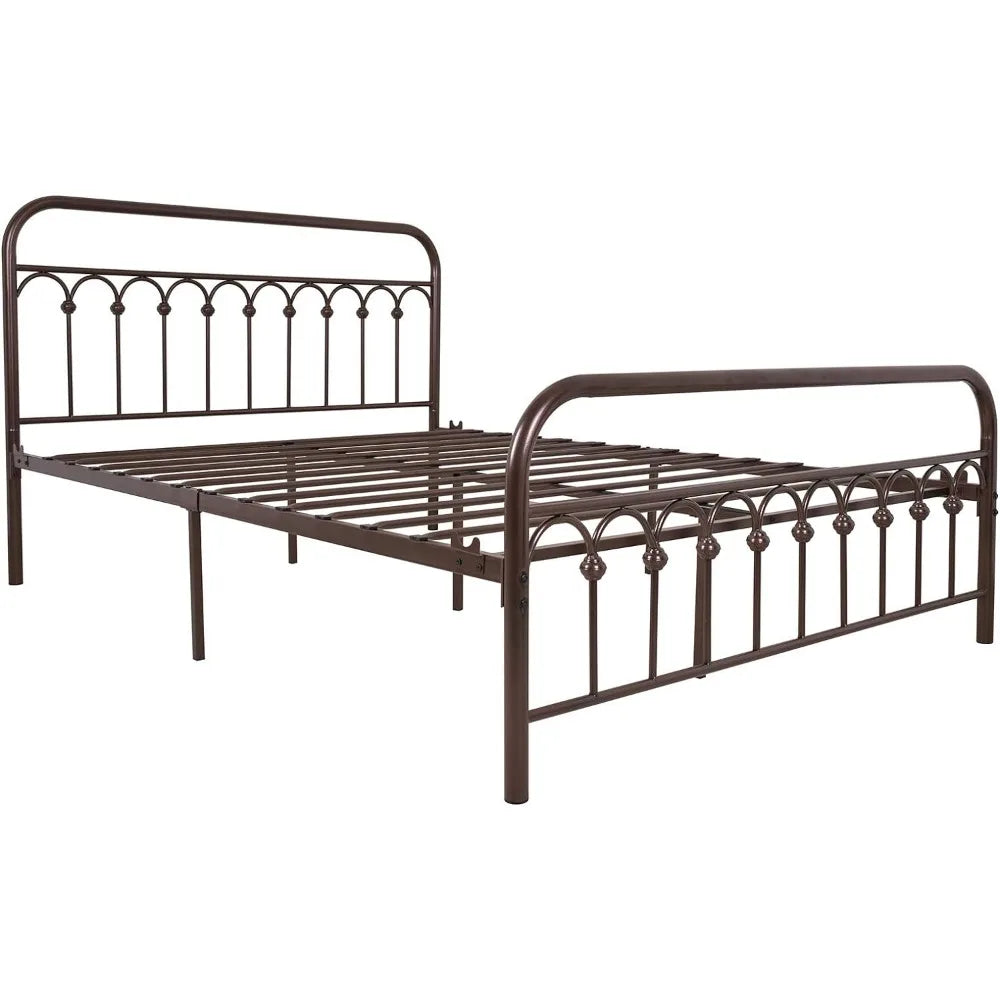 Vintage Sturdy Queen Size Metal Bed Frame with Headboard and Footboard Basic Bed Frame No Box Spring Needed,Antique Brown.
