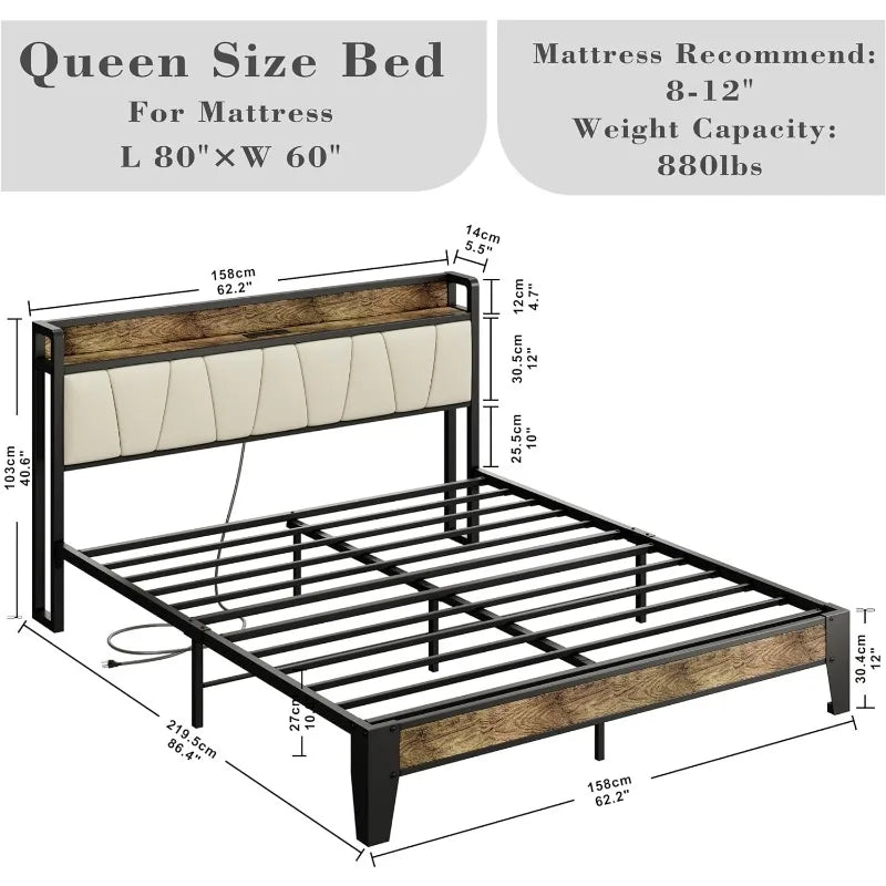LIKIMIO Queen Bed Frame Storage Headboard with Charging Station Solid and Stable Noise Free No Box Spring Needed Easy Assembly
