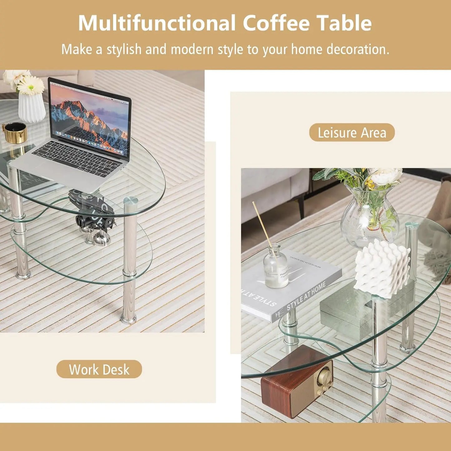 Glass Coffee Table, Furniture Decor 2-Tier Oval Glass Tea Table End Table for Home Office with 2 Tier Tempered Glass Boards