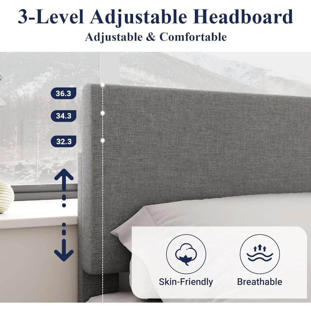 King Size Platform Bed Frame With Adjustable Upholstered Headboard Easy Assembly Heavy Duty Mattress Foundation Noise-Free Home