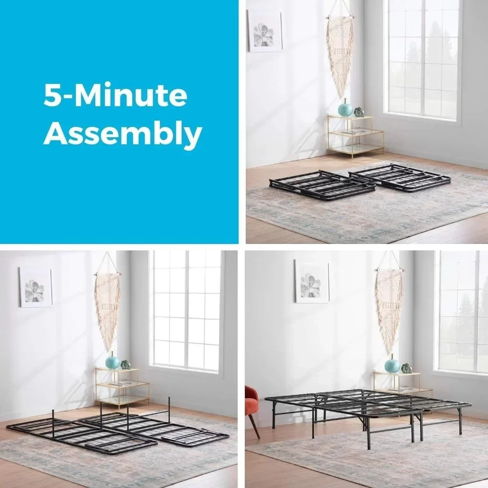 Folding Metal Platform Bed Frame Spring Needed Simple Tool Free Assembly Mattress High Traditional Design Sturdy Steel Full Size