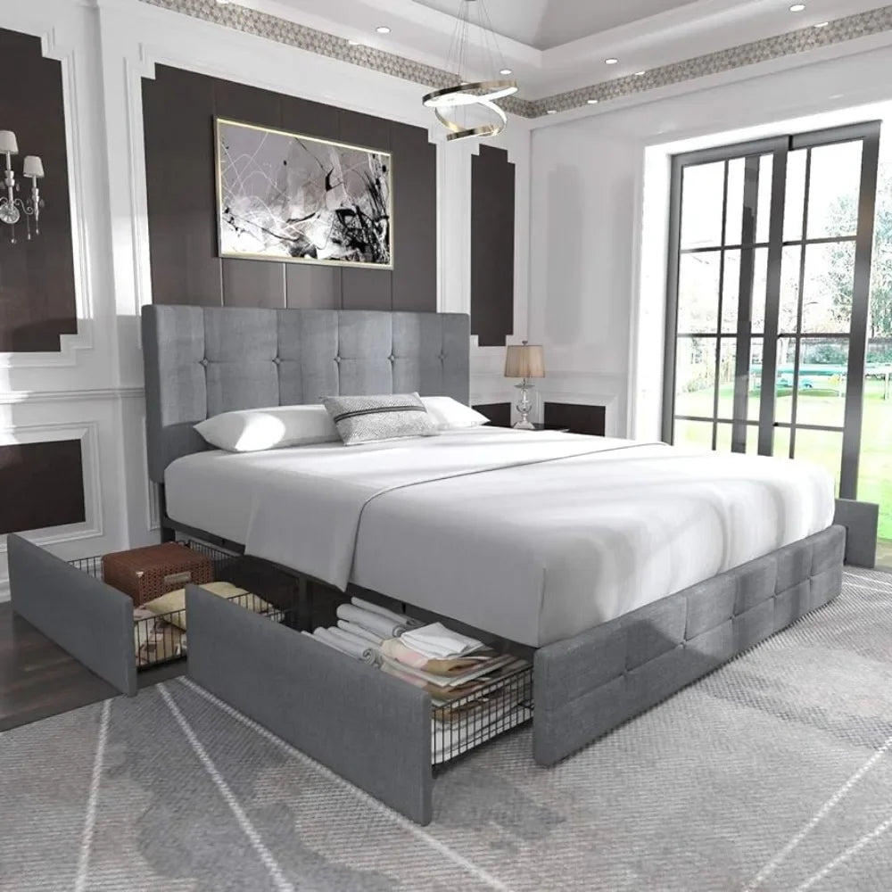 Upholstered Queen Platform Bed Frame, With 4 storage drawers and headboard, Square sewn buttons tufted, Base wood slat support