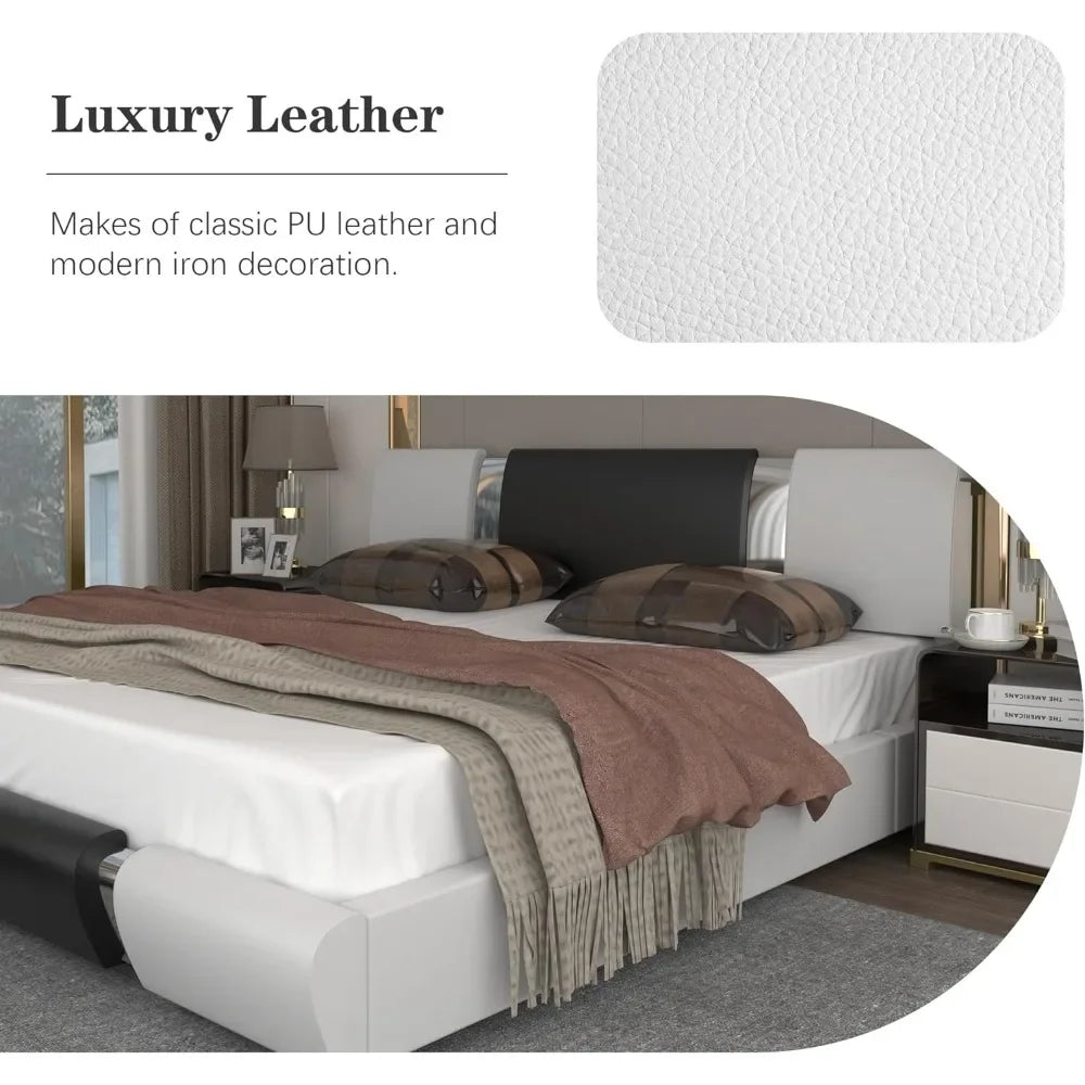 queen size bed frame, With faux leather upholstered headboard and wood slat support, Heavy duty mattress base,White & Black