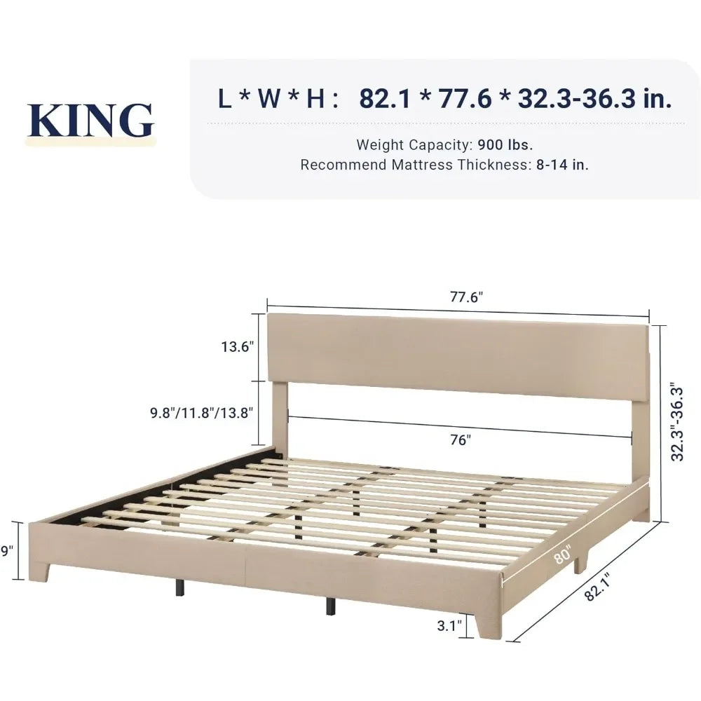 King Size Bed Frame With Adjustable Headboard, Upholstered Platform Bed With Wood Slats, Heavy Duty Mattress, Beige Bed Frame