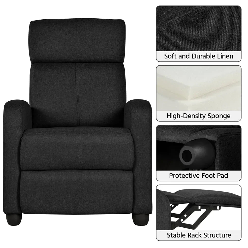 Fabric Push Back Theater Recliner Chair with Footrest, Black