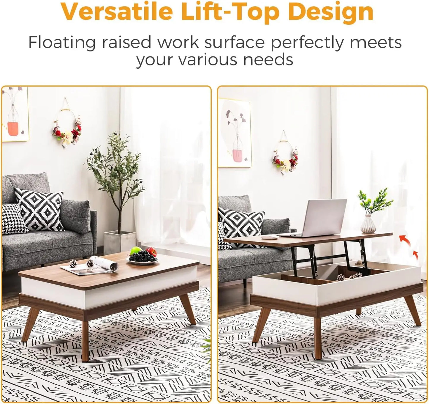 Bidiso Lift Top Coffee Table, Easy-to-Assembly Center Table with Hidden Storage Compartment, Modern Dining Table for Living