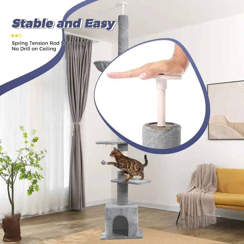 Floor to Ceiling Cat Tree Ajustable Height 6 Tiers Cat Tower Fit for Feet Ceiling with Cat Condo Hammock and Sisal Covered Post