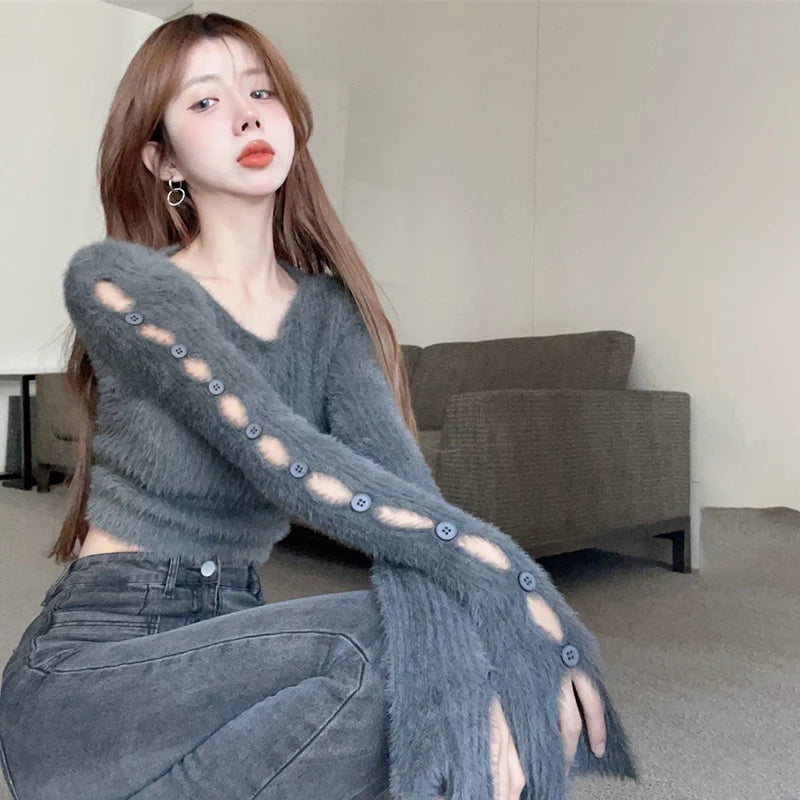 Women Y2k Vintage O Neck Cropped Sweater Solid Sexy Pullover Autumn Aesthetic Hollow Out Long Sleeve Casual Tops Knitwear