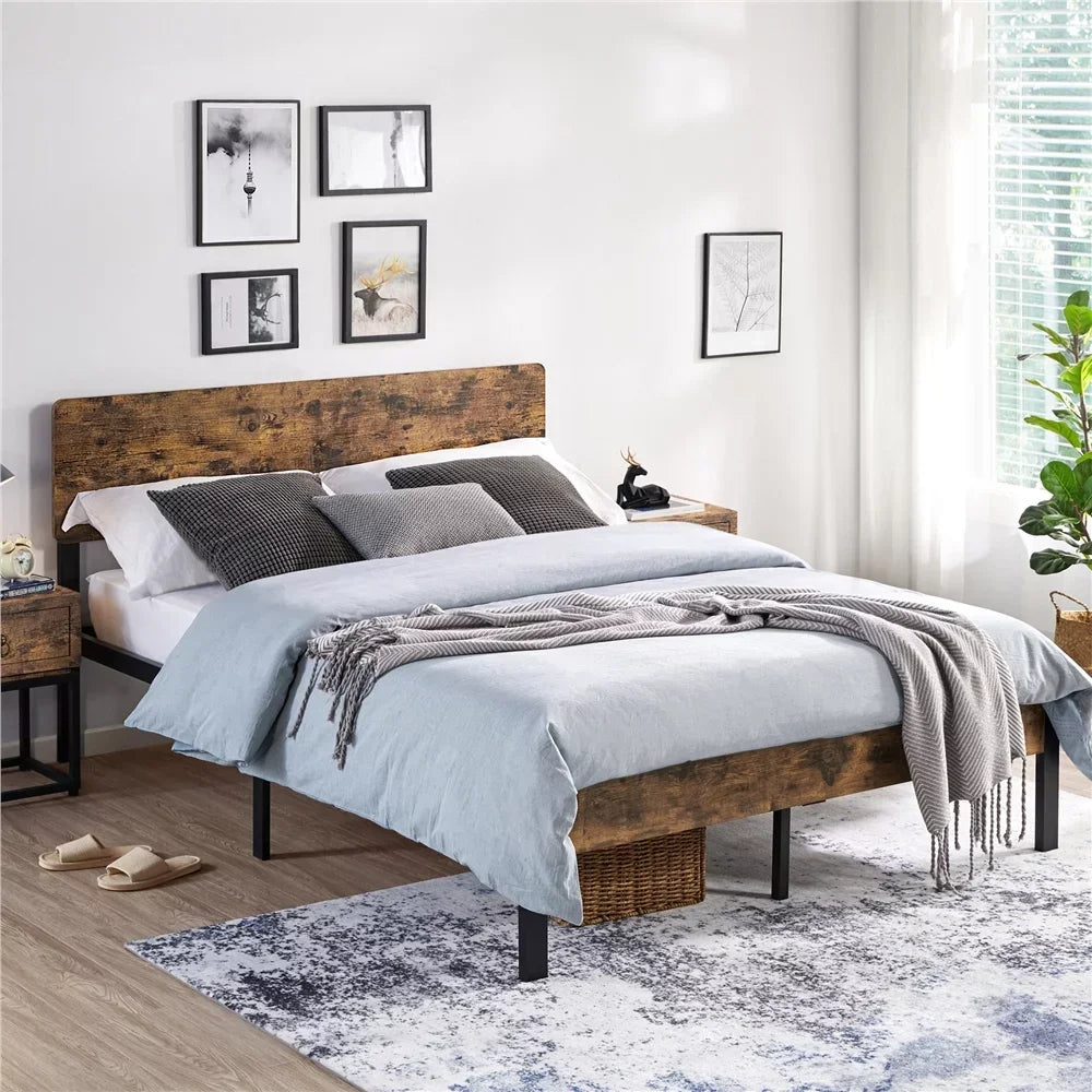 Metal Bed Frame with Wooden Headboard, Rustic Brown, Queen with Wooden Rivet Headboard Footboard Strong Metal Slats Support